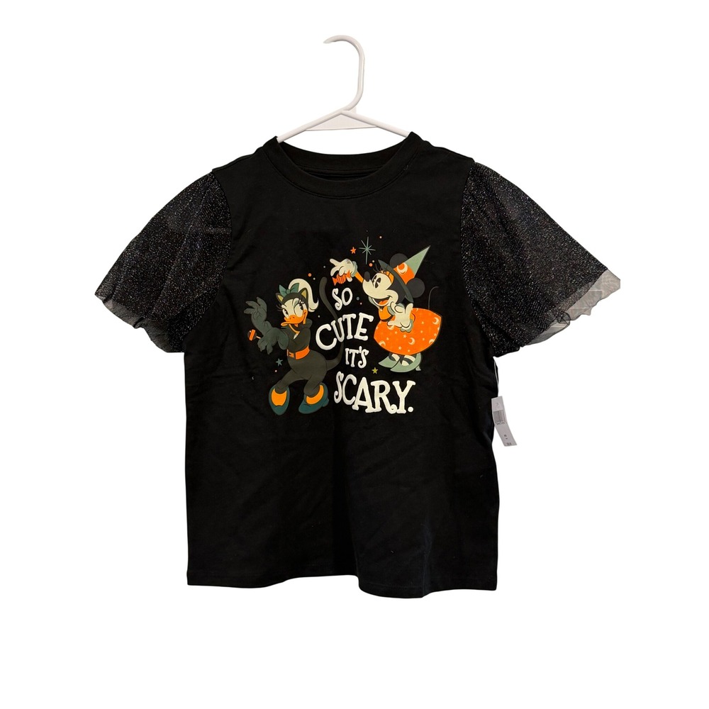 Disney Halloween Minnie Daisy So Cute Its Scary Black Glitter Shirt 9/10 New